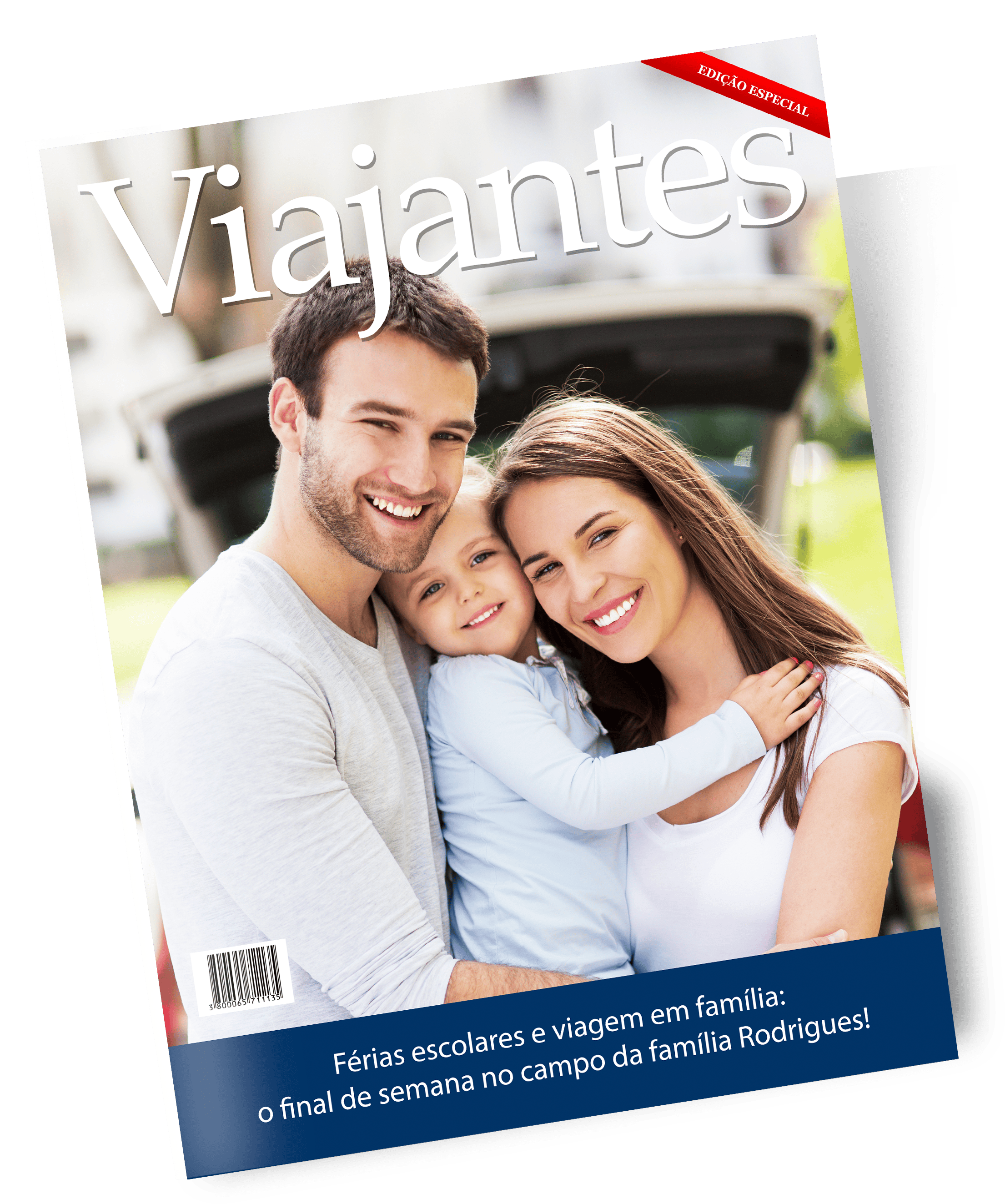 Fotozine_Capa3 Família feliz sorrindo ao ar livre, viagem em família, férias escolares, aventura em campo, revista especial sobre viagens Guiadas.