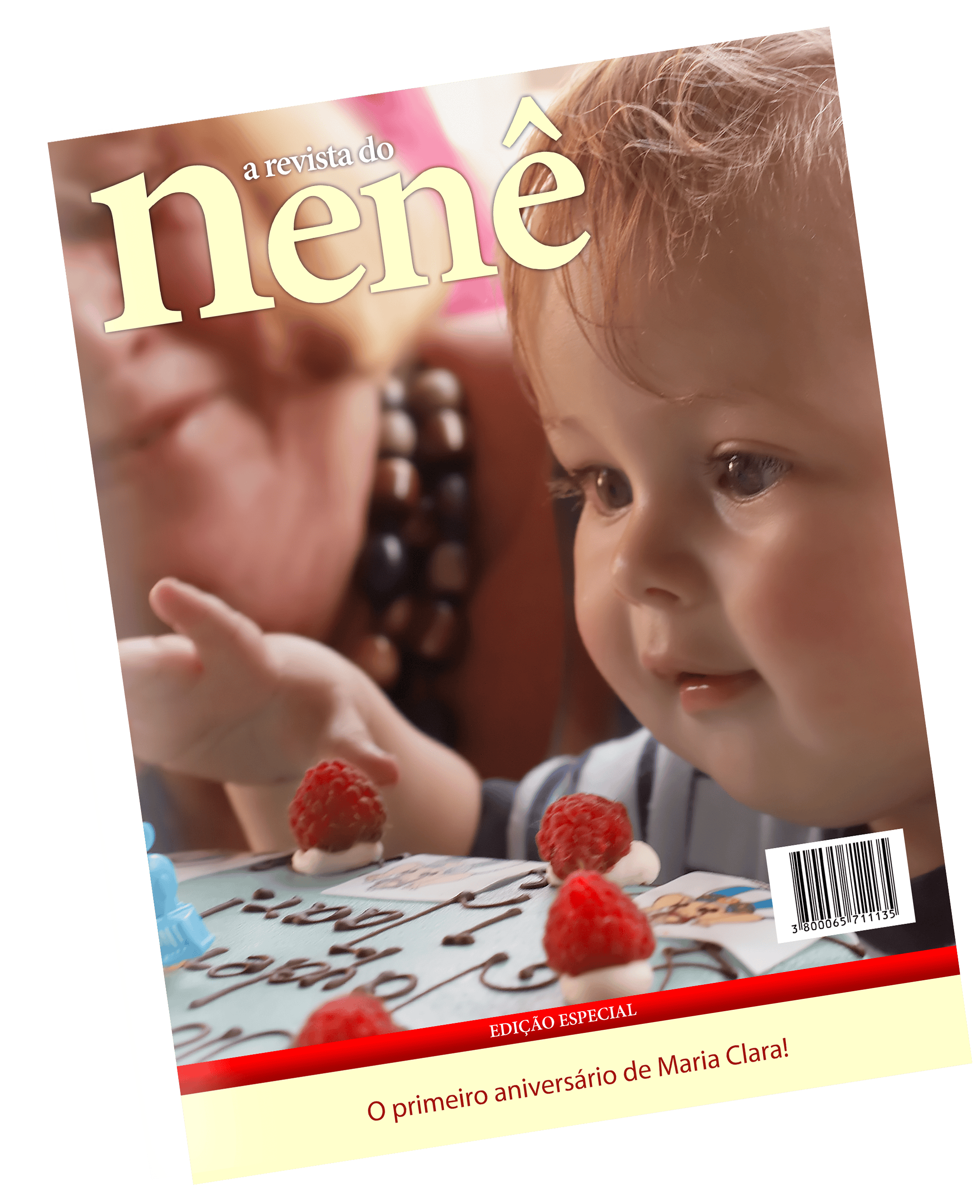 Fotozine_Capa5 Menino comemorando aniversário de Maria Clara com bolo e decoração festiva.