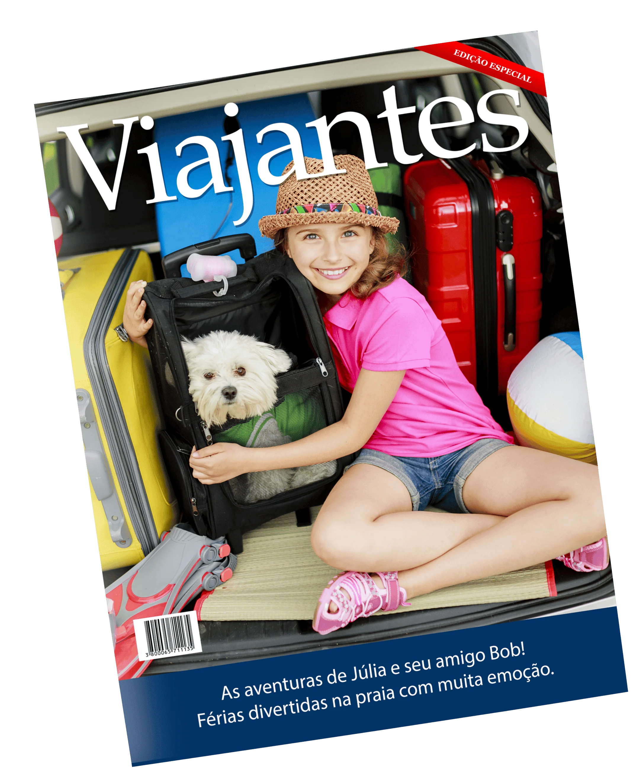 Fotozine_Capa6 Capa de revista de viagens com menina e cachorro na mala, foco em turismo infantil e aventuras em família.