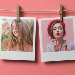 Rosto feminino bonito com maquiagem e acessórios fashion, fotos estilo Polaroid.