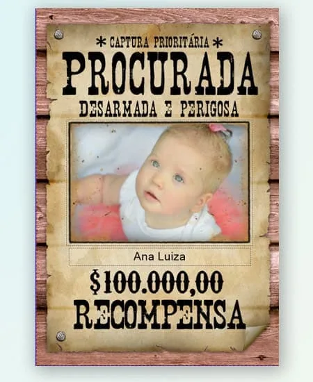 Adolescente descontraído em celebridade do Brasil, com aviso de "procurada" para um evento divertido.