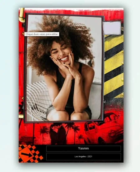 Sorriso de mulher com cabelo cacheado em quadro de foto personalizado com estilo urbano.