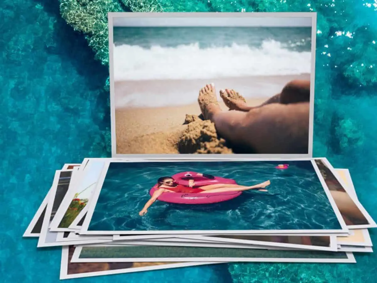 Capa de fotos de viagens e momentos de lazer na praia e piscina com imagens de verão e diversão ao ar livre.