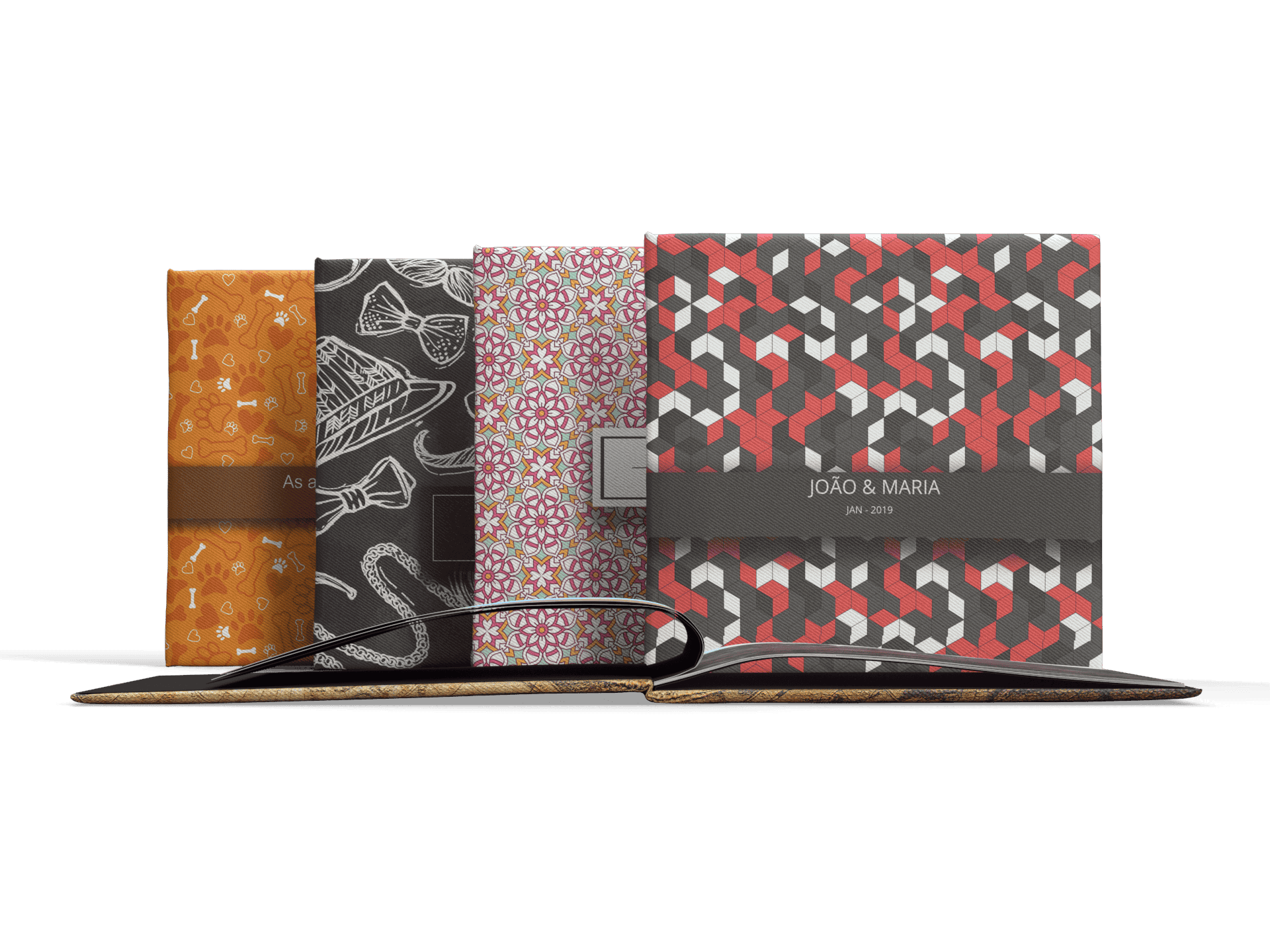 Capa de álbum de casamento personalizada com padrões geométricos e florais, com nomes João & Maria e data Janeiro 2019.