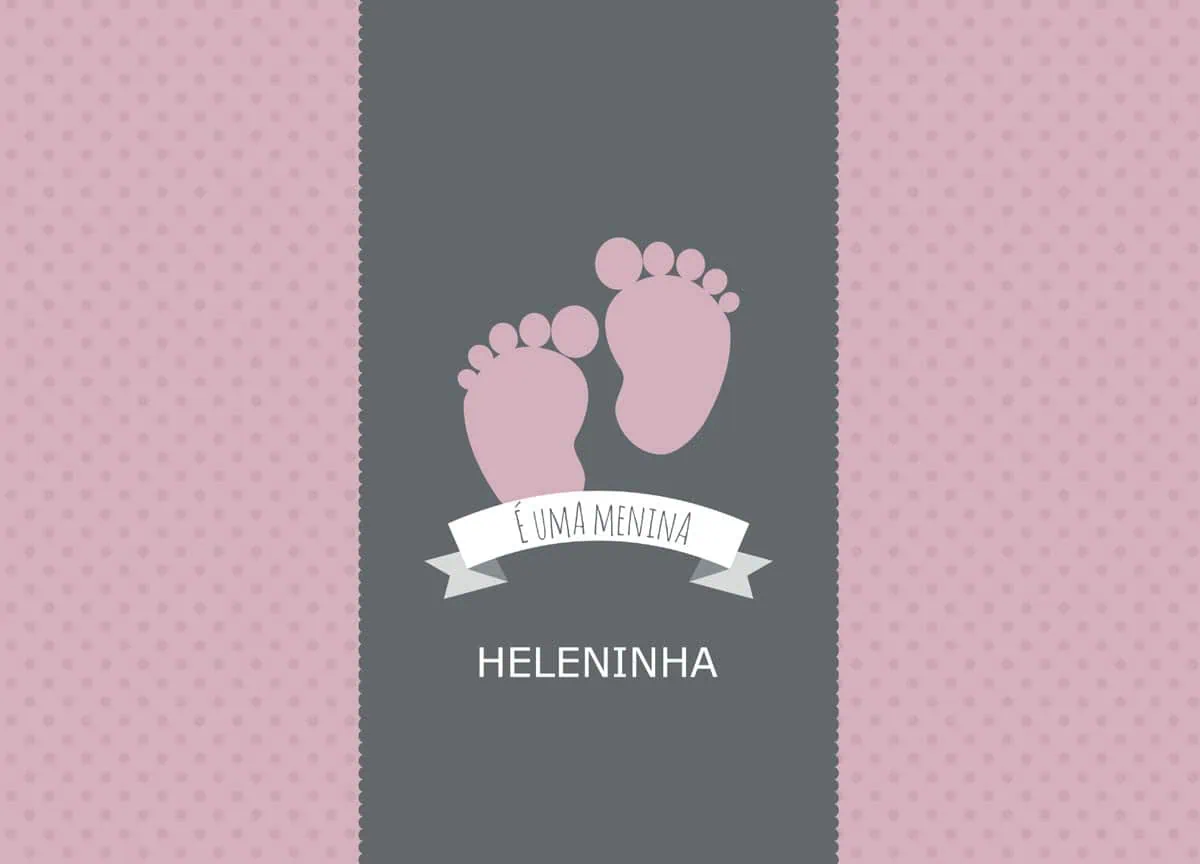 Baby girl footprints with "É uma meninA" ribbon, cute pink and gray design for baby announcement.