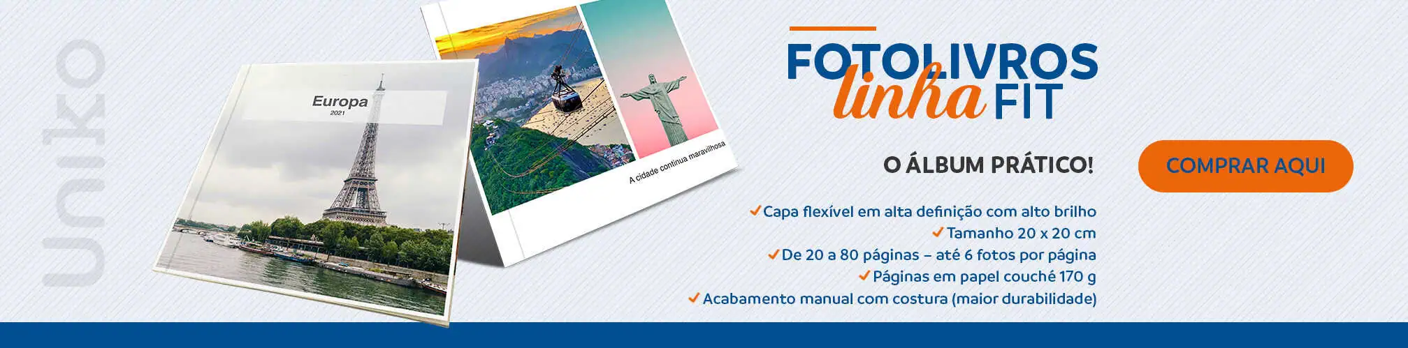 Fotos de álbuns de fotos linha FIT com capa flexível, tamanho 20x20 cm, para impressão de fotos em alta qualidade.