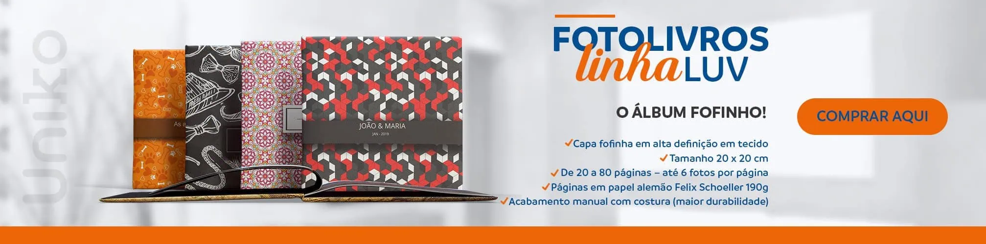 Fotolivros Linha Luv com capas em tecido de alta qualidade e acabamento manual.