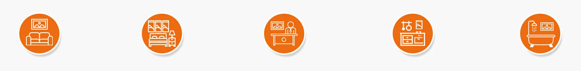 Conjunto de ícones de ambientes residenciais com design minimalista em laranja e branco.