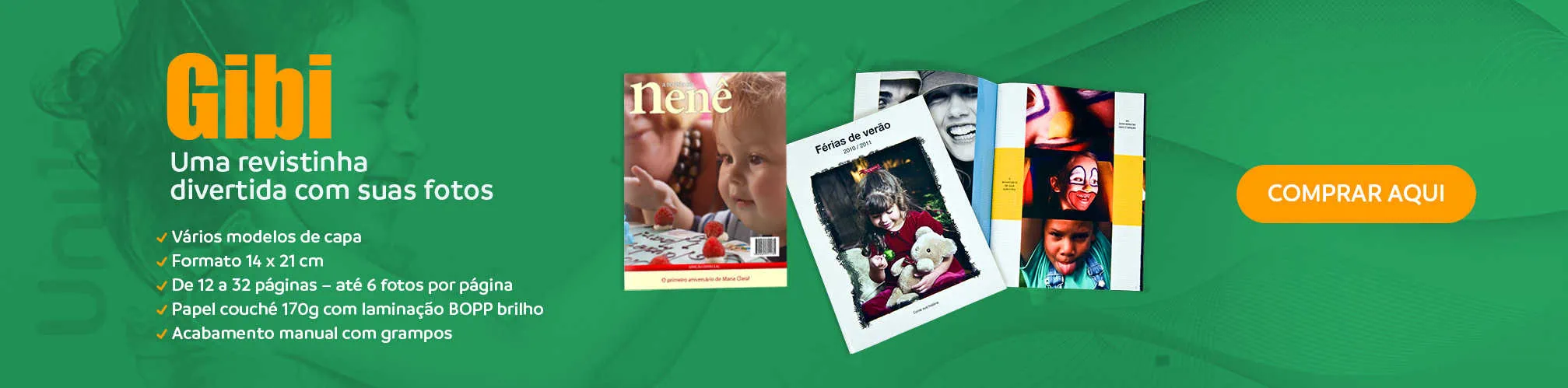 Revista personalizada Gibi com fotos para crianças e adultos, formato 14x21cm, papel couche 170g.