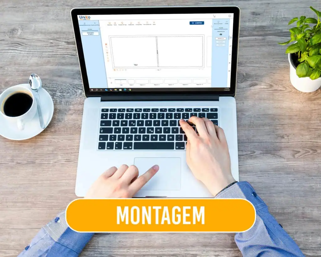 Design gráfico de montagem de projeto com software Uniko em laptop com xícara de café e planta.