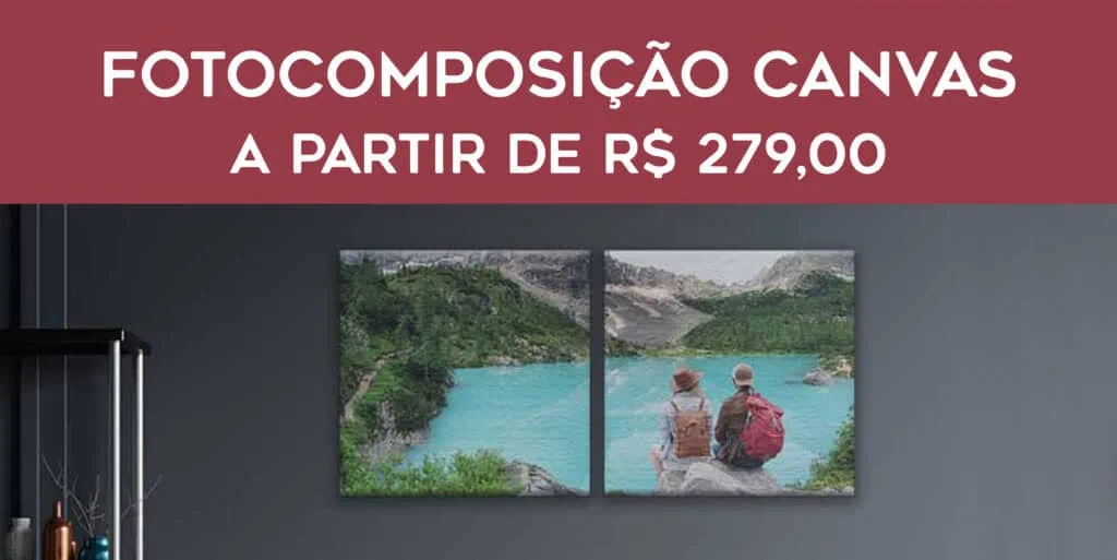 Paisagem natural com lago e montanhas em folheto de arte em canvas Uniko.