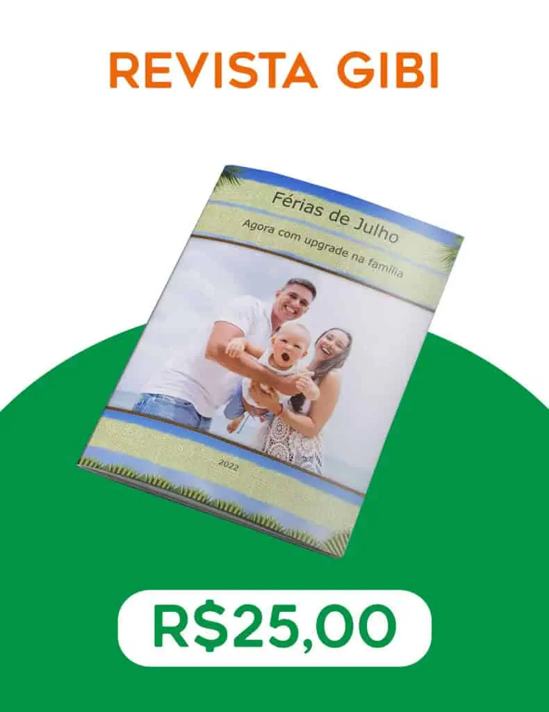 Fotos de revista Gibi com famílias em férias de julho, capa colorida e divertida.