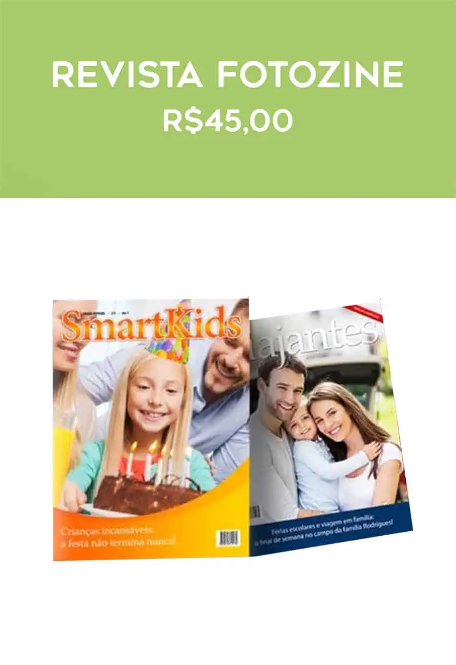 Fotozine infantil e familiar, preço R$45,00, com temas de festas e momentos especiais para crianças e famílias.