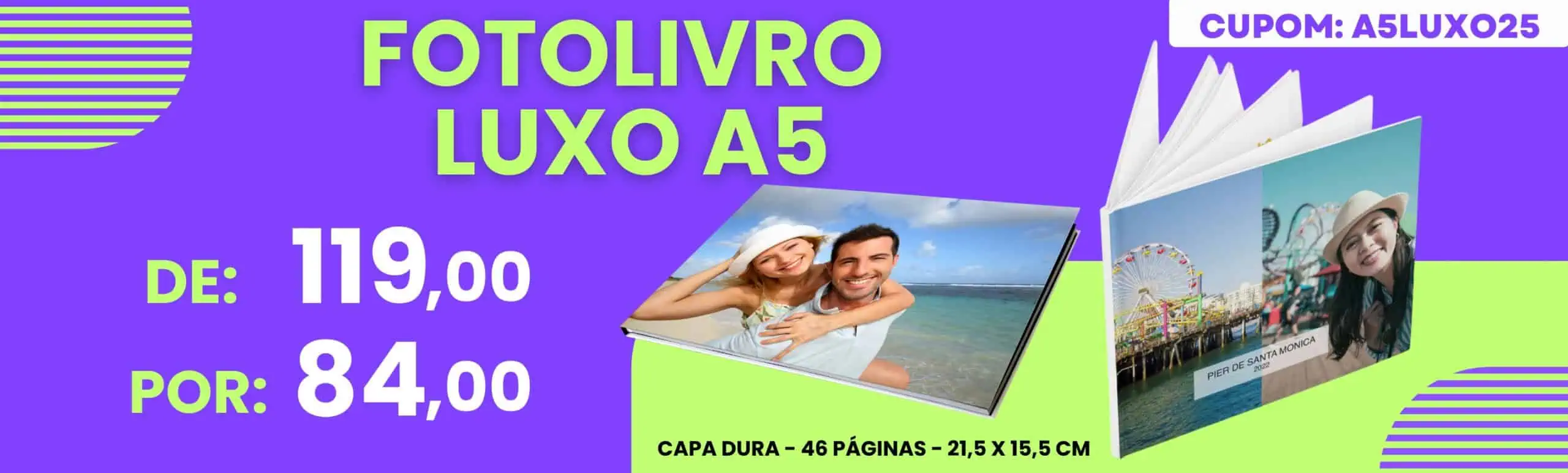 1. Áudio para imagem de fotolivro com capa dura, tamanho A5, com fotos de viagem e lazer.