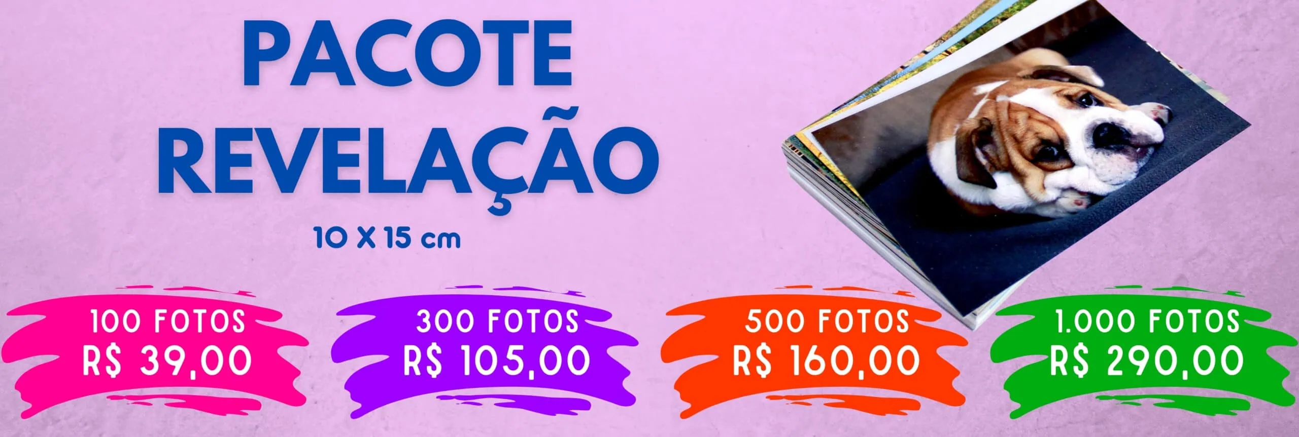 Foto de álbum de fotos com cachorro bulldog pintado na capa, promovendo pacotes de revelação de fotos;">Pacote de revelação de fotos 10x15cm com opções variadas e preços acessíveis para impressão de fotos de cães e amigos.