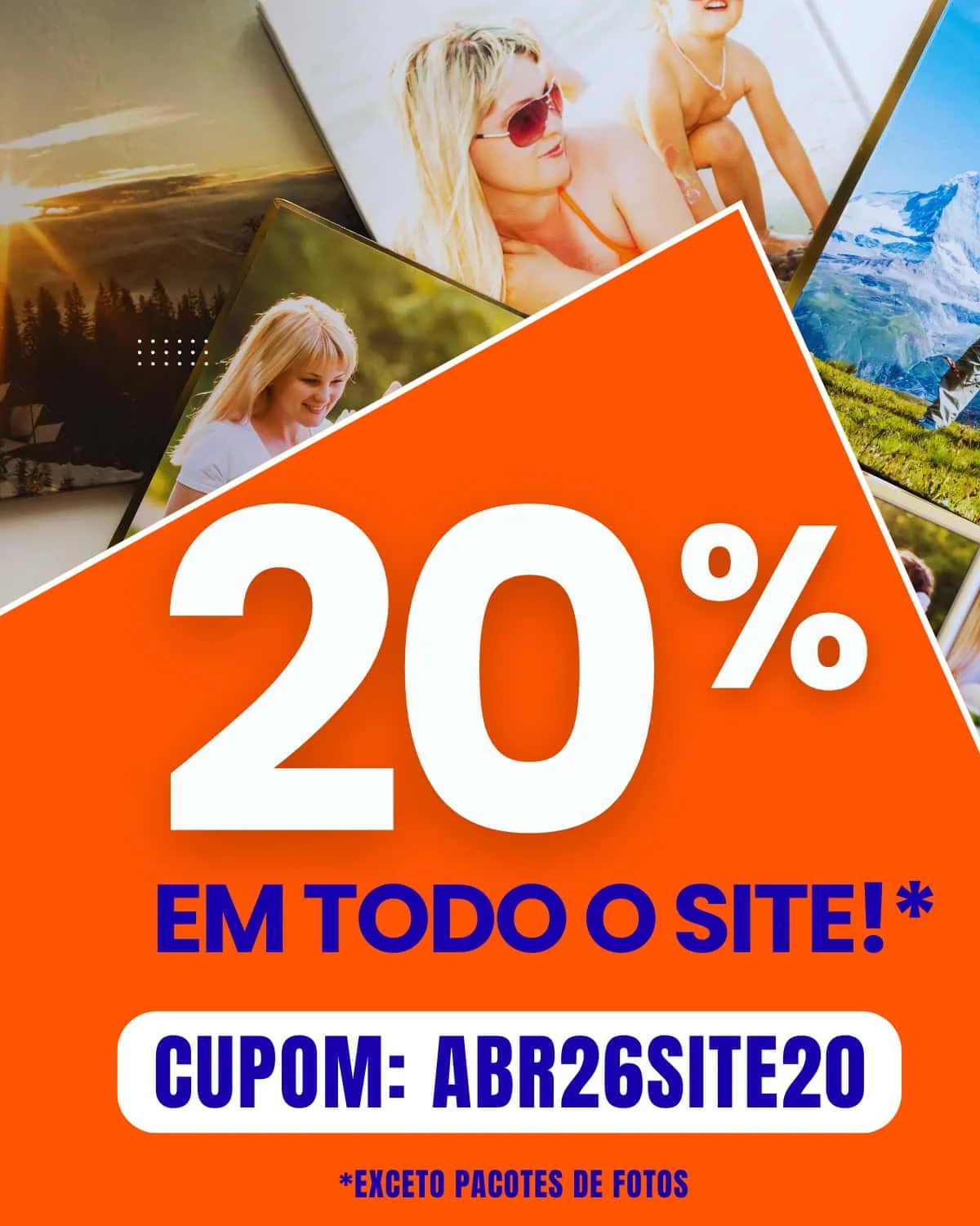 Desconto de 20% em todo o site, válido para pacotes de fotos e viagens ao explorar destinos naturais.